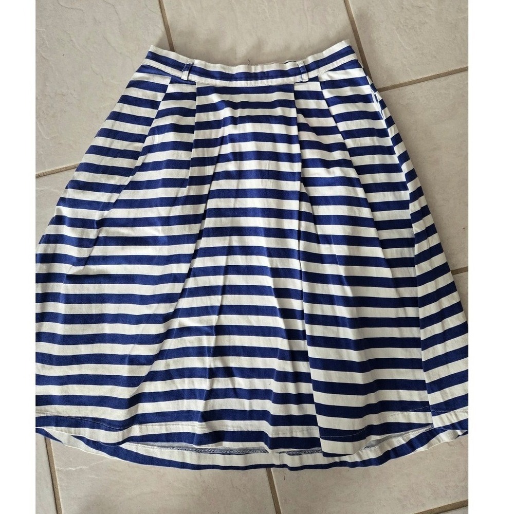 ModCloth Blue White Striped A-Line Skirt Nautical Pleated Knee Length Medium